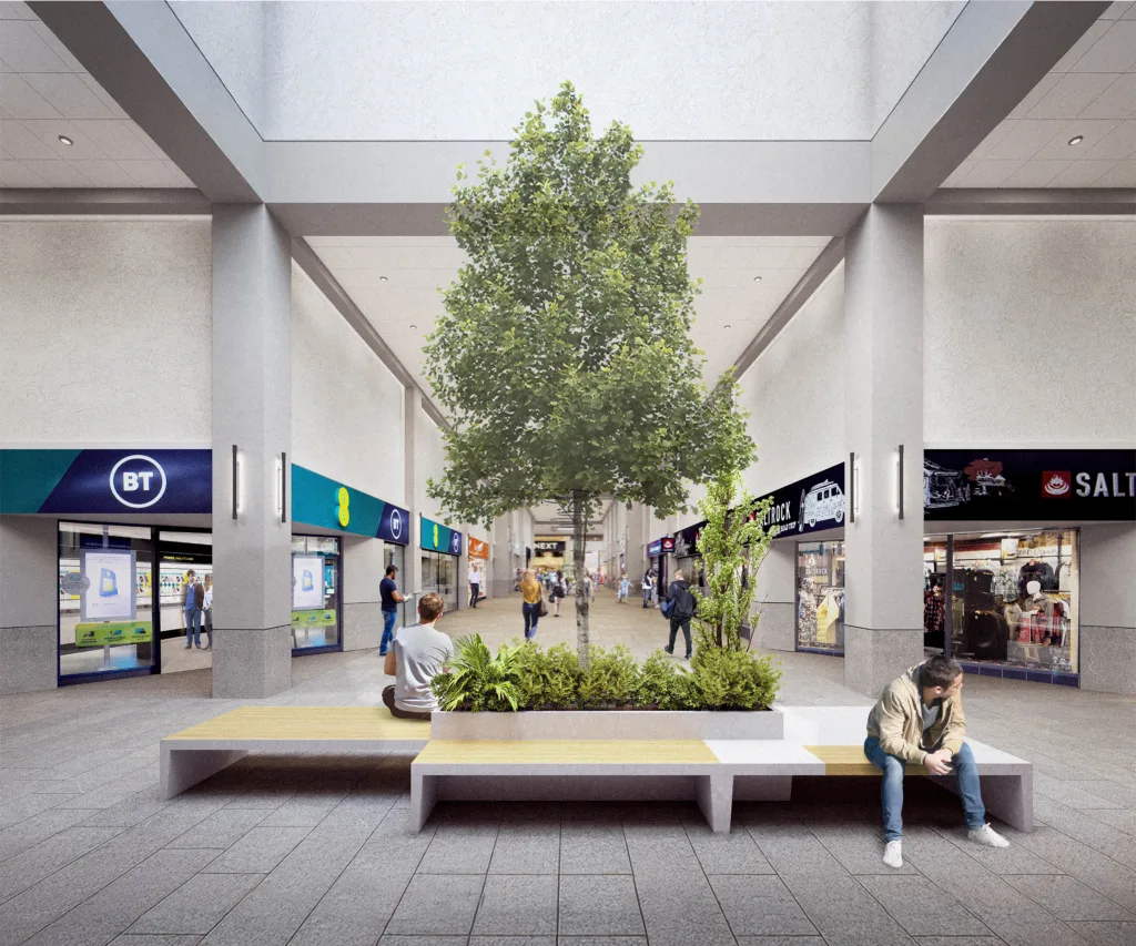 image showing internal cgi of fairhill shopping centre 